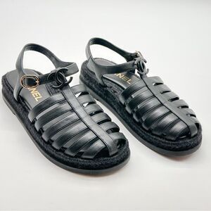 CHANEL 2024 CC Logo Black Leather Fisherman Rope Sole Dad Sandals Flats EU 37